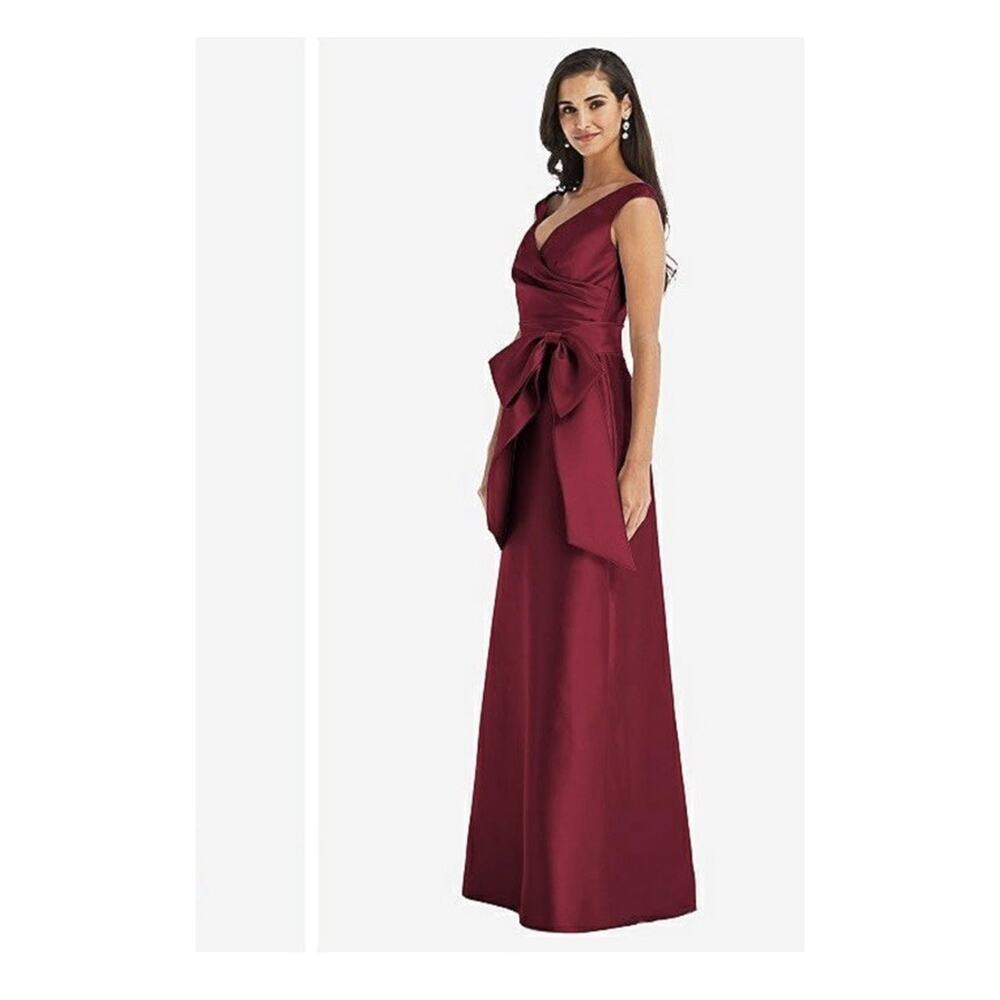 Alfred Sung Off -Shoulder Burgundy Satin Gown With Sash, Size 20, NWT D802S - Picture 12 of 13